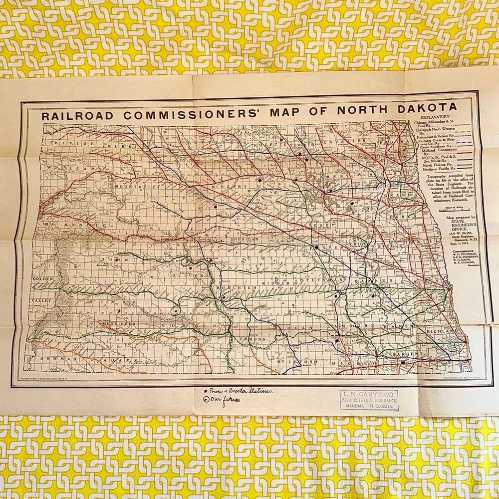 RARE 1913 Railroad Commissioners' Map of North Dakota